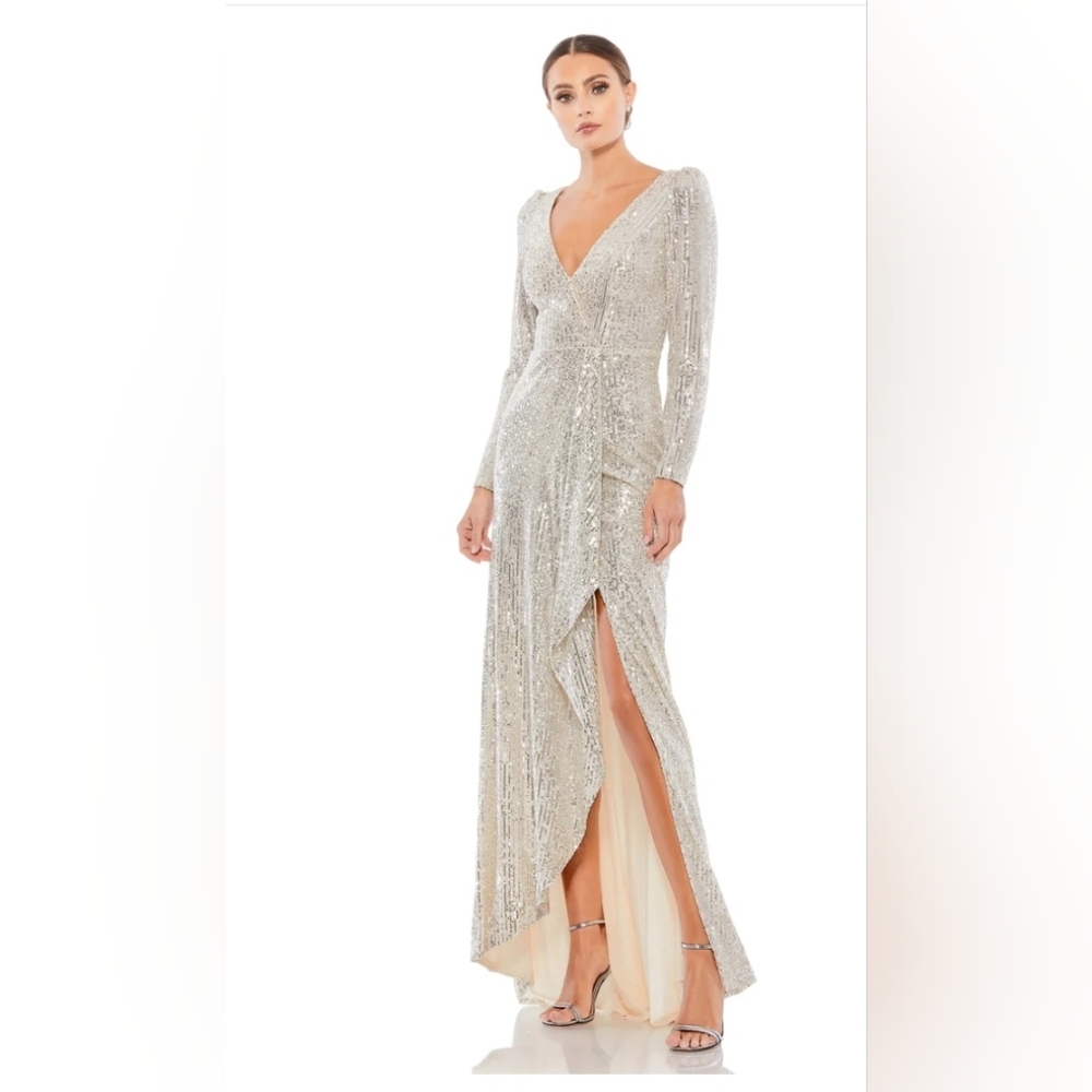 Ieena for Mac Duggal,  Sequin Wrap Evening Gown, Silver, Size 6 -NWT